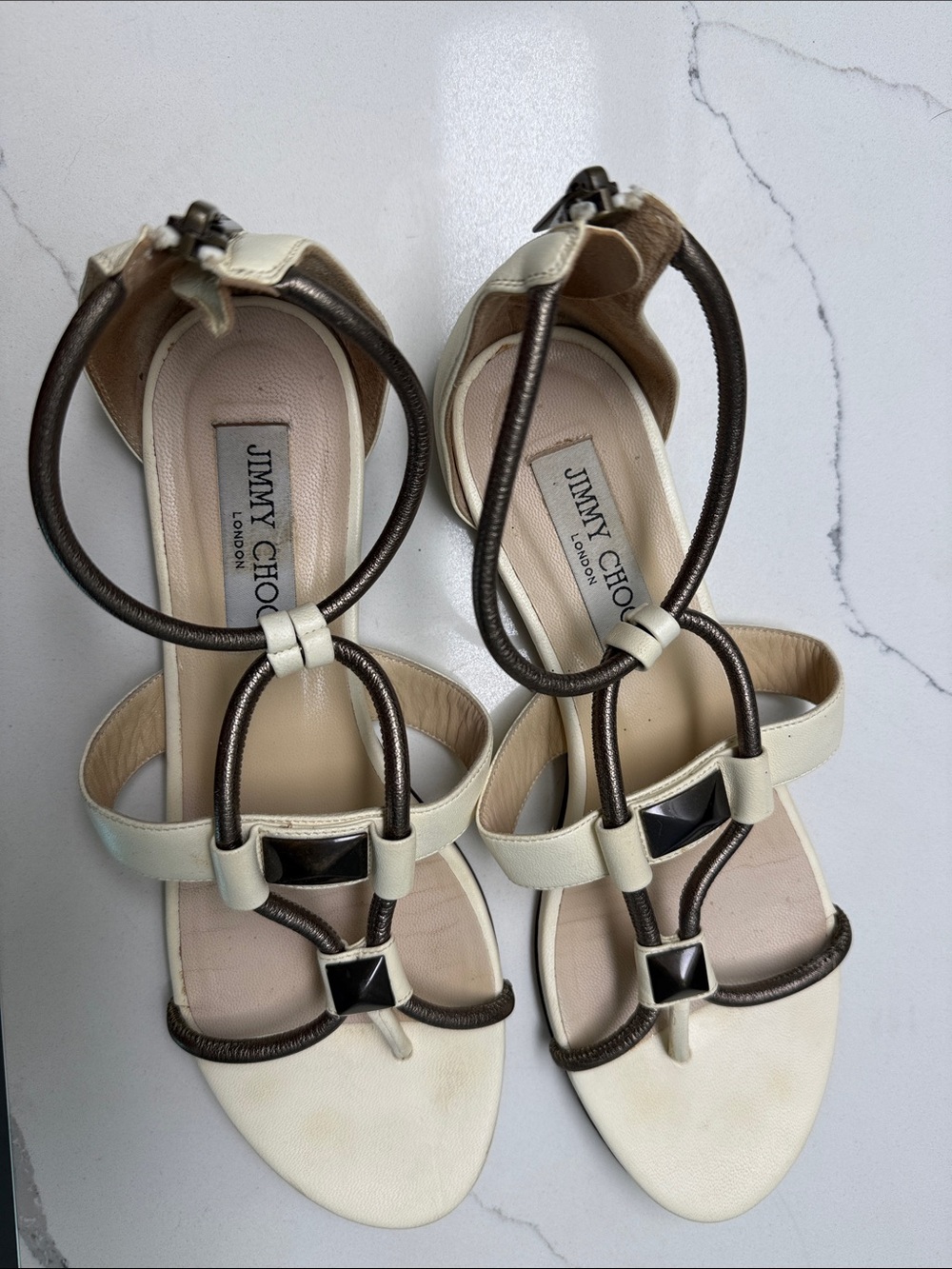 Jimmy Choo Ivory and Bronze Pyramid-Accent T-Strap Sandals - Picture 2 of 3
